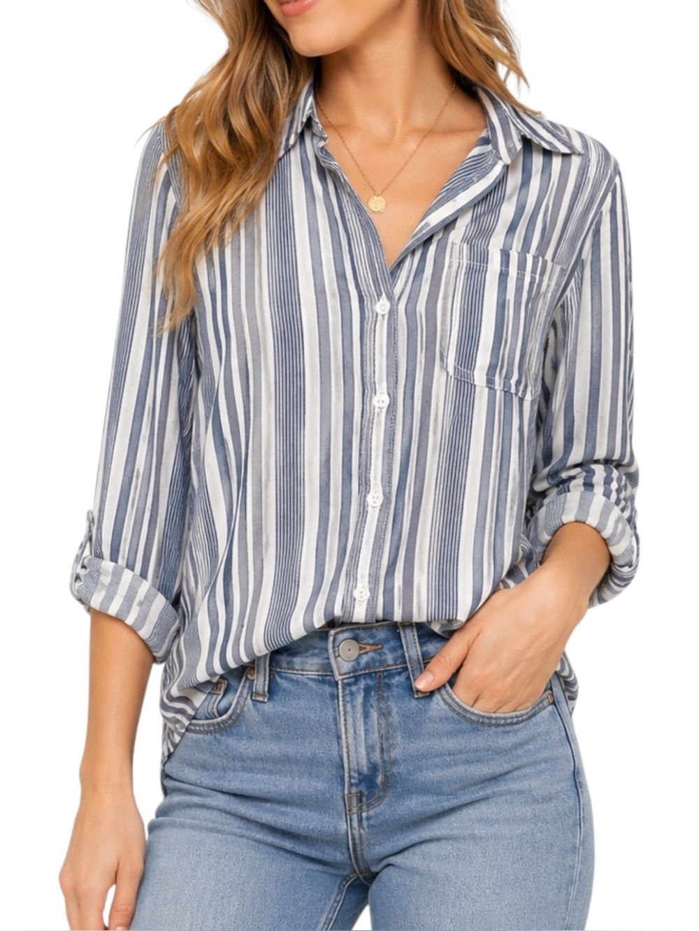 Beachlunchlounge Blue White Stripe High Low Button Shirt XS Boho